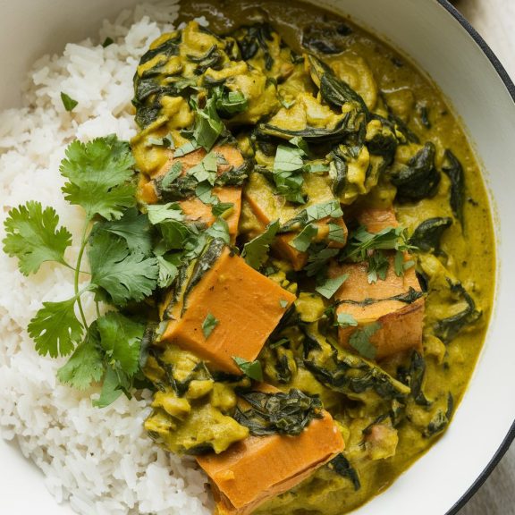 curry van zoete aardappel en spinazie